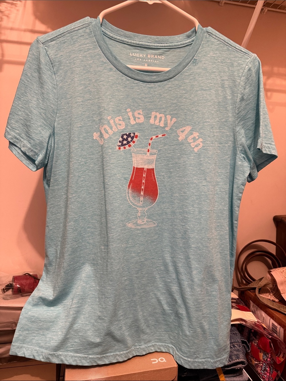 Lucky Brand Light Blue Graphic Tee with Patriotic Drink